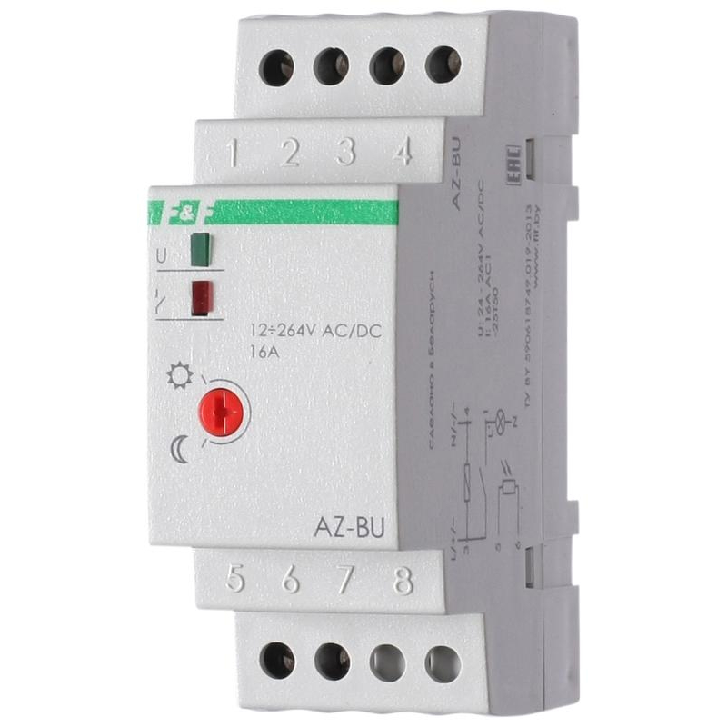 Фотореле AZ-BU (выносной фотодатчик монтаж на DIN-рейке 2 модуля 12-260В AC/DC 16А 1НО IP20) F&F EA01.001.010