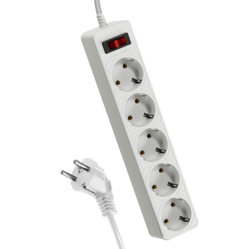 Удлинитель с сетевым фильтром 5х3м с заземл. 10А IP20 2.2кВт 3х0.75 индикатор сети бел. Космос FKsm3m-5g(W)