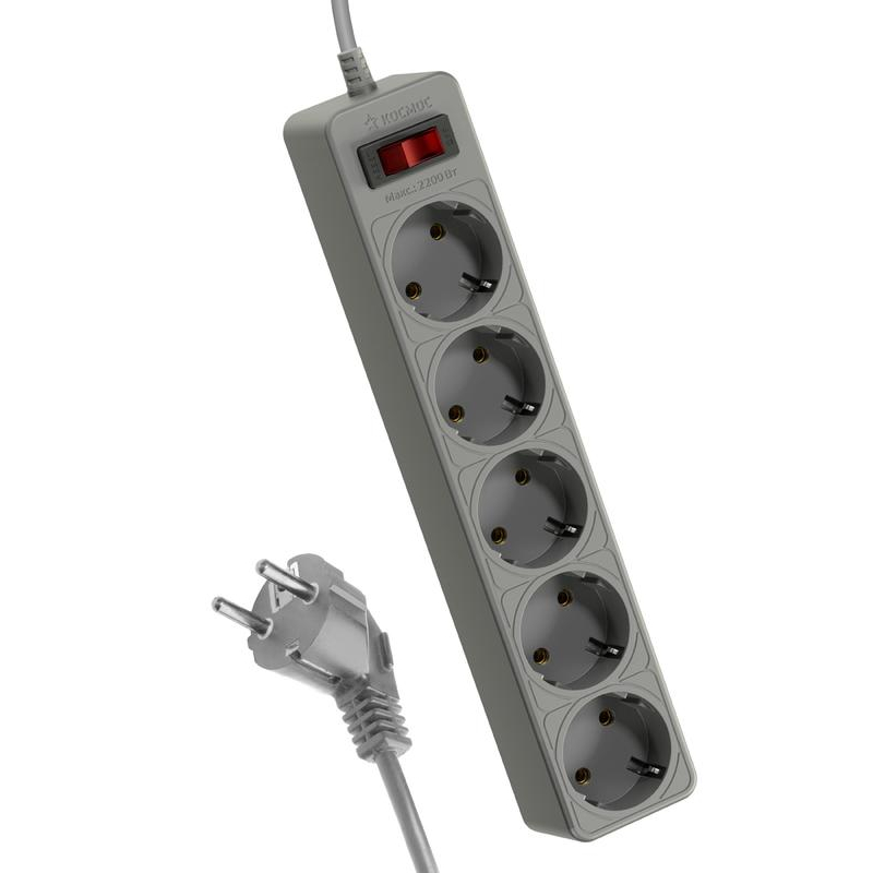 Удлинитель с сетевым фильтром 5х1.8м с заземл. 10А IP20 2.2кВт 3х0.75 индикатор сети сер. Космос FKsm1.8m-5g(G)