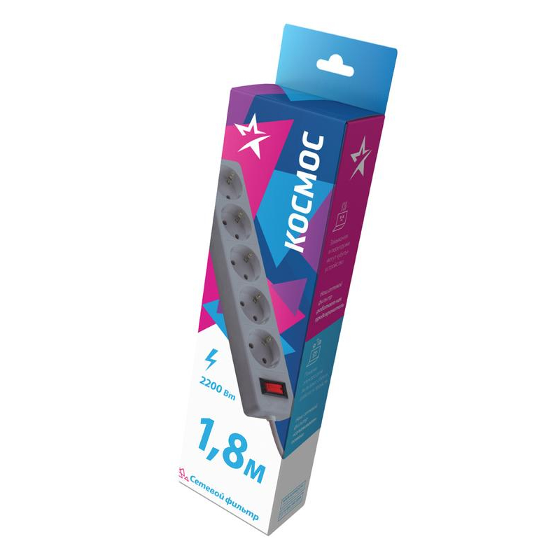 Удлинитель с сетевым фильтром 5х1.8м с заземл. 10А IP20 2.2кВт 3х0.75 индикатор сети сер. Космос FKsm1.8m-5g(G)