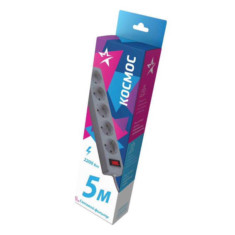 Удлинитель с сетевым фильтром 5х5м с заземл. 10А IP20 2.2кВт 3х0.75 индикатор сети сер. Космос FKsm5m-5g(G)