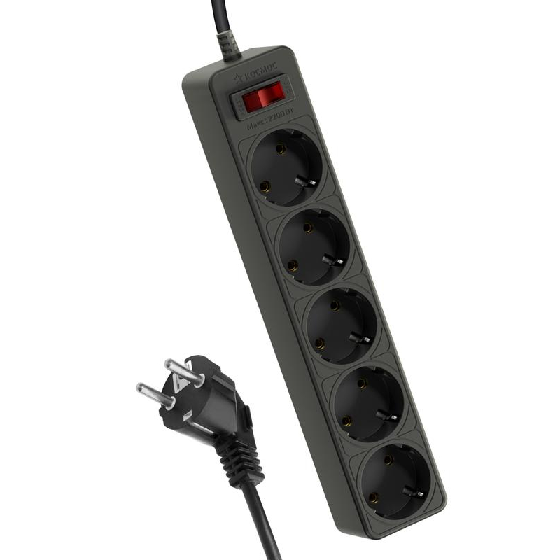 Удлинитель с сетевым фильтром 5х1.8м с заземл. 10А IP20 2.2кВт 3х0.75 индикатор сети черн. Космос FKsm1.8m-5g(B)