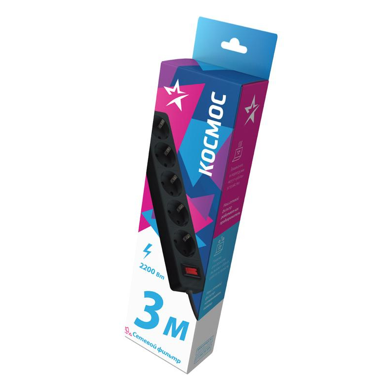 Удлинитель с сетевым фильтром 5х3м с заземл. 10А IP20 2.2кВт 3х0.75 индикатор сети черн. Космос FKsm3m-5g(B)