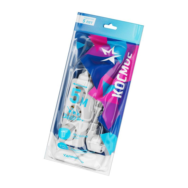 Удлинитель 3х5м с заземл. 16А IP20 ПВС 3х1 Космос YKsm5m-3g-Z(K)