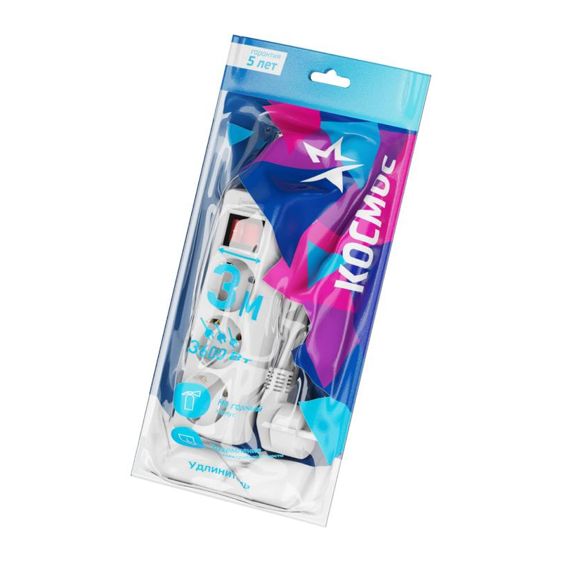 Удлинитель 3х5м с заземл. 16А IP20 с выкл. ПВС 3х1 Космос YKsm5m-3g-Z-V(K)