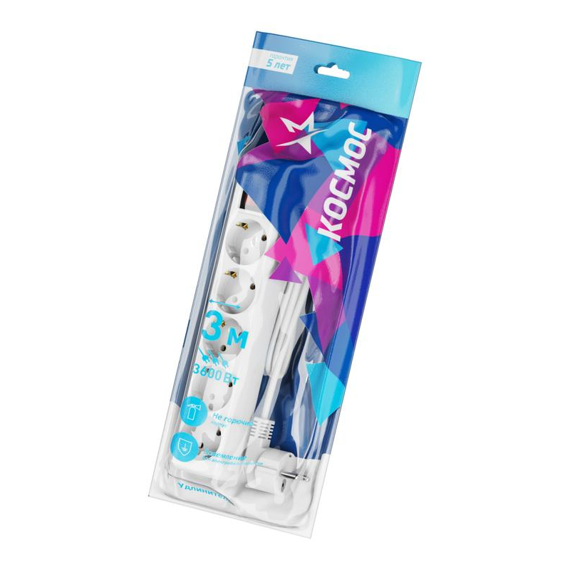 Удлинитель 5х3м с заземл. 16А IP20 ПВС 3х1 с выкл. Космос YKsm3m-5g-Z-V(K)