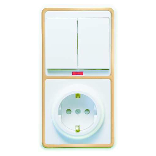 Блок БКВР-210 Бэлла (2-кл. выкл. с подсветкой + розетка с заземл. защ. шторки) зол. Кунцево 5838