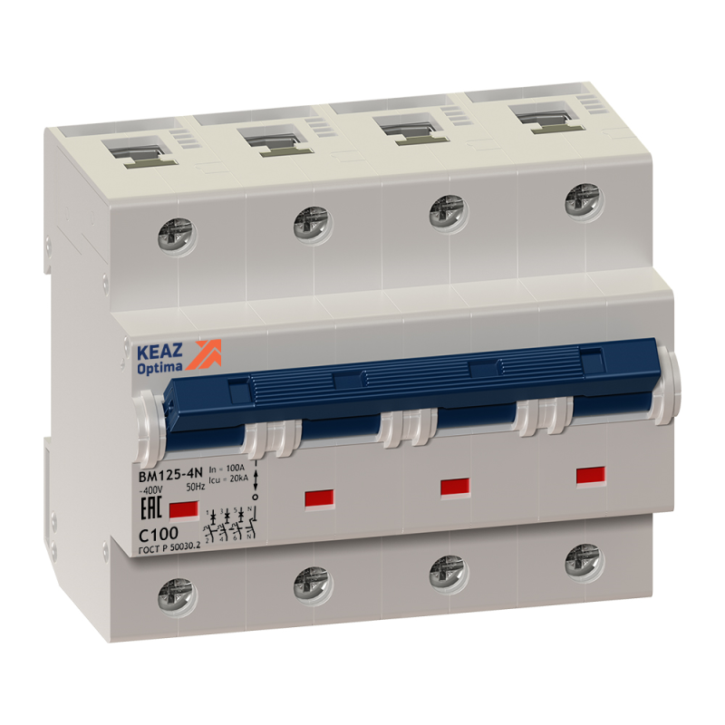 Выключатель автоматический модульный 4п (3P+N) C 125А 6кА OptiDin BM125-4NC125-8ln-УХЛ3 КЭАЗ 138594