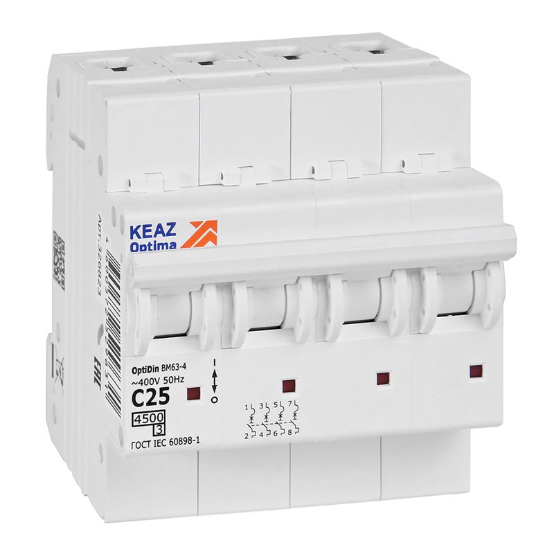 Выключатель автоматический четырехполюсный 25А C 4,5кА AC OptiDin BM63-4C25-4,5-УХЛ3 (326823)