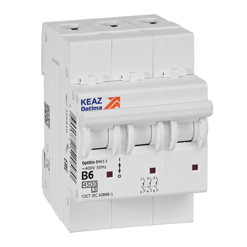 Выключатель автоматический трехполюсный 6А B 4,5кА AC OptiDin BM63-3B6-4,5-УХЛ3 (329517)