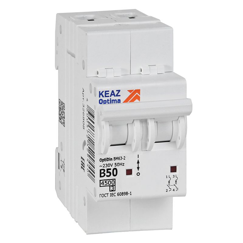 Выключатель автоматический двухполюсный 50А B 4,5кА AC OptiDin BM63-2B50-4,5-УХЛ3 (329515)