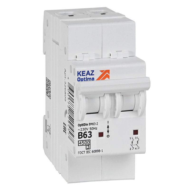 Выключатель автоматический двухполюсный 63А B 4,5кА AC OptiDin BM63-2B63-4,5-УХЛ3 (329516)
