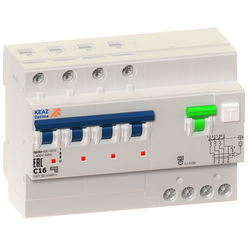 Выключатель автоматический дифференциального тока 4п C 25А 30мА тип A 6кА OptiDin VD63 УХЛ4 КЭАЗ 103478
