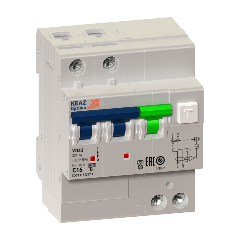 Выключатель автоматический дифференциального тока 2п C 63А 30мА тип A 6кА OptiDin VD63 УХЛ4 КЭАЗ 103459