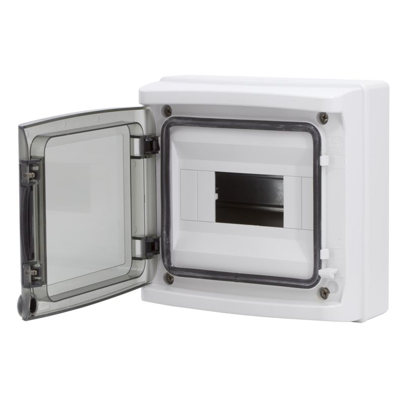 Щиток настенный с дверцей 8 мод.,IP65, серый, с клеммным блоком 63А (RB08W6TGD)