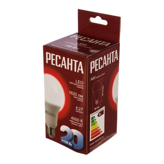 Лампа светодиодная LL-R-A80-20W-230-4K-E27 Груша 20Вт нейтр. E27 Ресанта 76/1/22