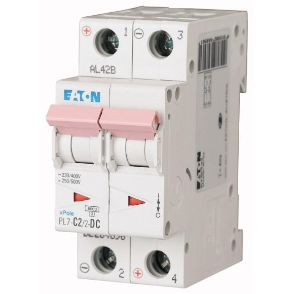 Выключатель автоматический модульный 2п C 2А 6кА PL7-C2/2-DC EATON 264896