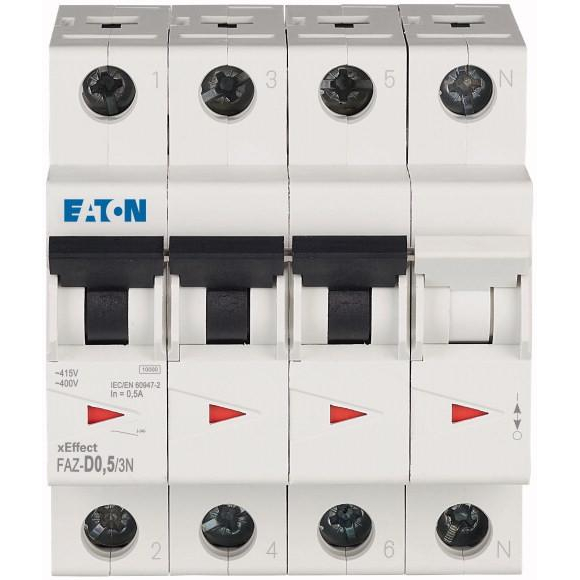 Выключатель автоматический модульный 4п (3P+N) D 0.5А 15кА FAZ-D0.5/3N EATON 278982
