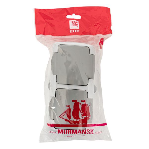 Розетка 2-местная Мурманск 16А с заземлением с крышкой IP54 серый с защитными шторками (EFR16-129-30-54)