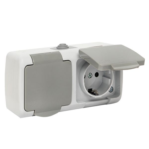 Розетка 2-местная Мурманск 16А с заземлением с крышкой IP54 серый с защитными шторками (EFR16-129-30-54)