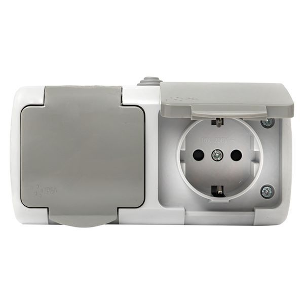 Розетка 2-местная Мурманск 16А с заземлением с крышкой IP54 серый с защитными шторками (EFR16-129-30-54)