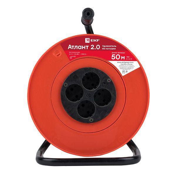 Удлинитель на катушке Атлант 2.0 4 гнезда 50м без заземления ПВС 2x0.75 6А/1.3кВт PROxima (UKA02-06-275-4-50)