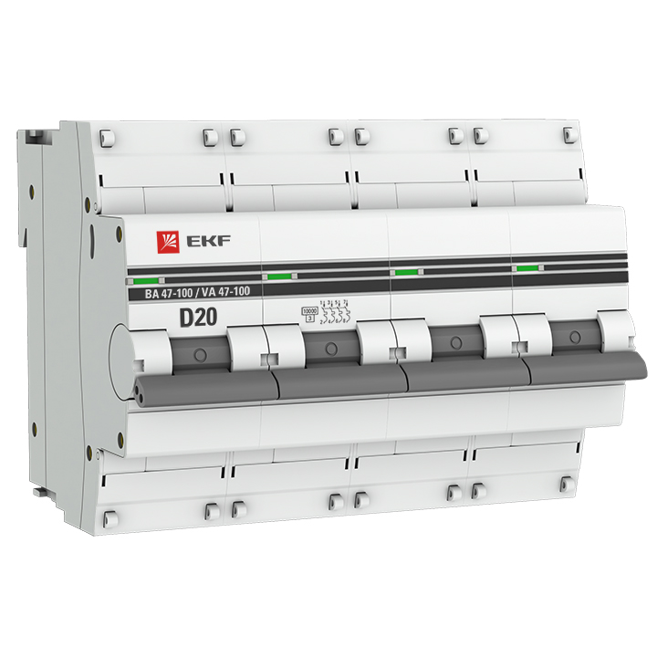 Автоматический выключатель 4P 20А (D) 10kA ВА 47-100 EKF PROxima (mcb47100-4-20D-pro)