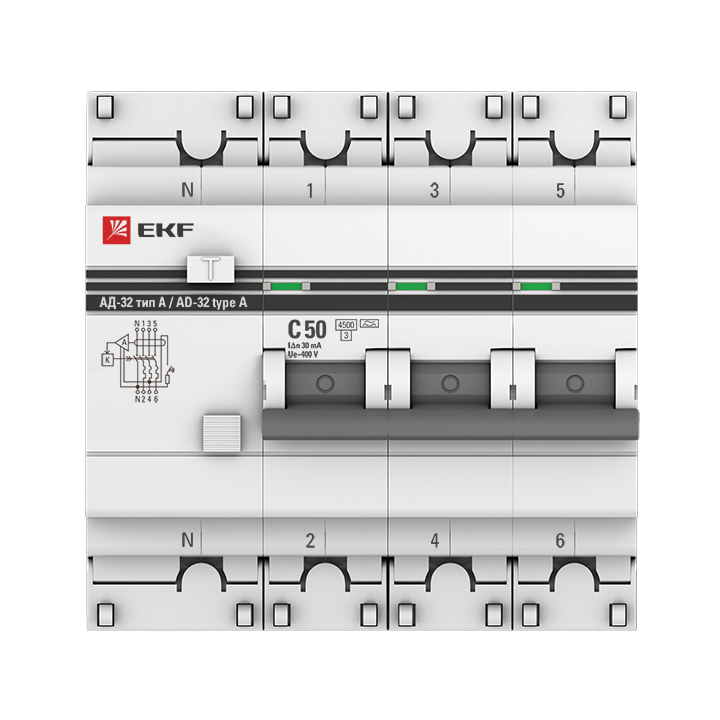 Автомат дифференциальный АД-32 3P+N 50А/30мА (тип А) PROxima (DA32-50-30-4P-a-pro)