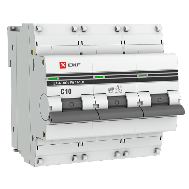Выключатель автоматический трехполюсный 10А C ВА 47-100 10кА EKF PROxima (mcb47100-3-10C-pro)