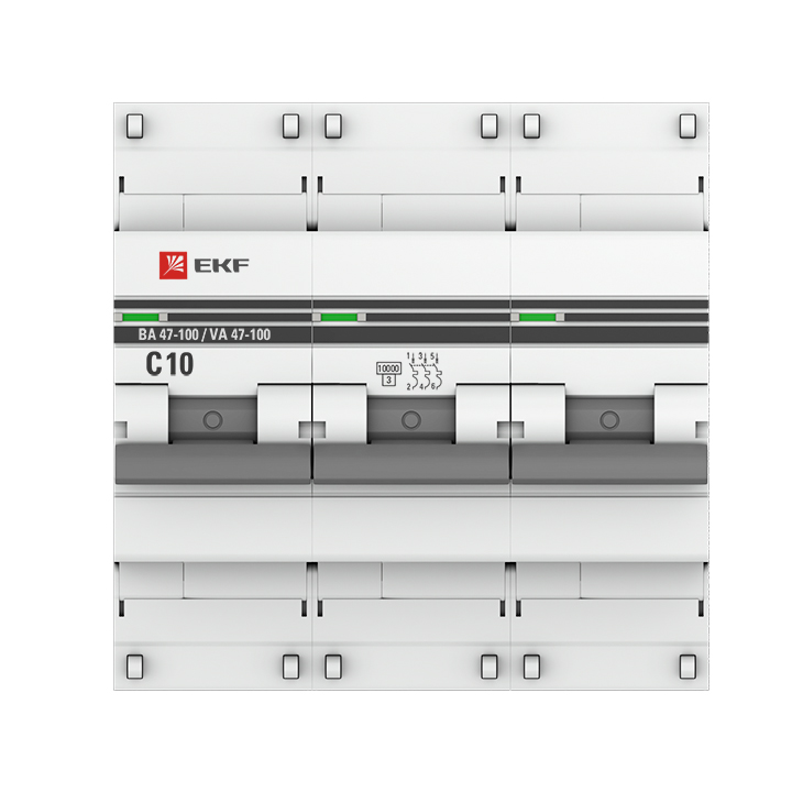 Выключатель автоматический трехполюсный 10А C ВА 47-100 10кА EKF PROxima (mcb47100-3-10C-pro)