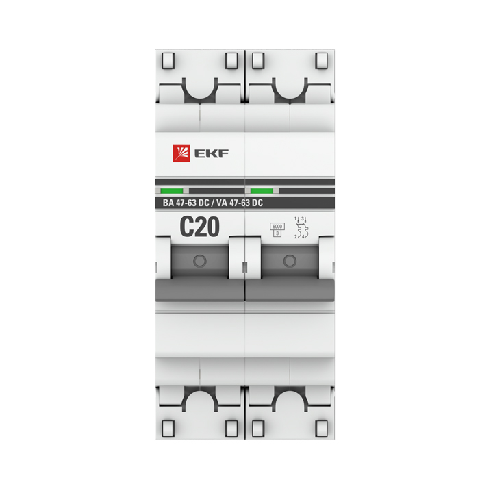 Автоматический выключатель 2P 20А (C) 6кА ВА 47-63 DC EKF PROxima (mcb4763-DC-2-20C-pro)