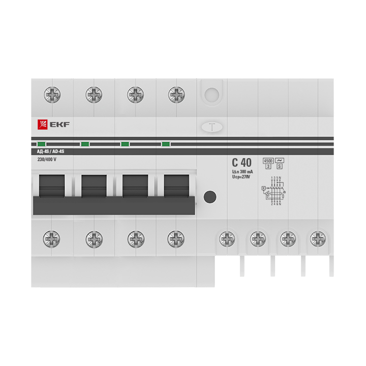 Дифференциальный автомат АД-4 S 40А/300мА (хар. C, AC, электронный, защита 270В) 4,5кА EKF PROxima (DA4-40-300S-pro)