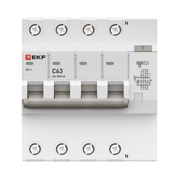 Дифференциальный автомат АД-4 63А/300мА (хар. C, AC, электронный, защита 270В) 6кА EKF PROxima (DA4-6-63-300-pro)