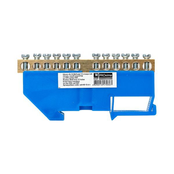 Шина нулевая N 6х9 12 отверстий синий изолятор на DIN-рейку латунь розн. стикер PROxima EKF sn0-63-12-d-r