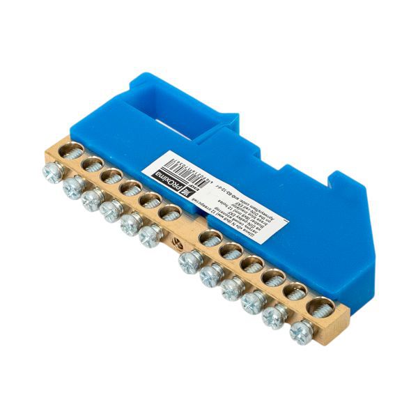 Шина нулевая N 6х9 12 отверстий синий изолятор на DIN-рейку латунь розн. стикер PROxima EKF sn0-63-12-d-r