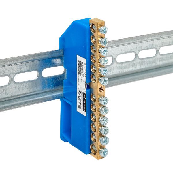 Шина нулевая N 6х9 12 отверстий синий изолятор на DIN-рейку латунь розн. стикер PROxima EKF sn0-63-12-d-r