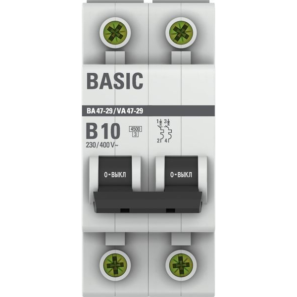 Выключатель автоматический модульный 2п B 10А 4.5кА ВА 47-29 Basic EKF mcb4729-2-10-B