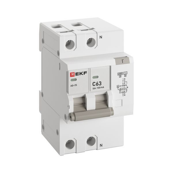 Дифференциальный автомат АД-2 S 63А/100мА (хар. C, AC, электронный, защита 270В) 6кА EKF PROxima (DA2-6-63-100S-pro)