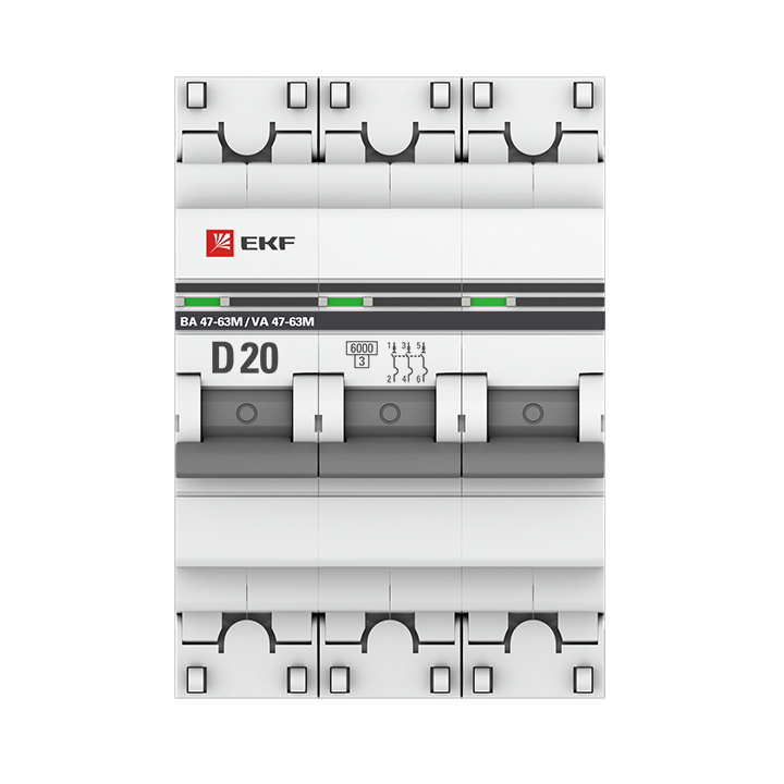 Автоматический выключатель 3P 20А (D) 6кА ВА 47-63M c одним магнитным расцепителем EKF (mcb4763m-6-3-20D-pro)