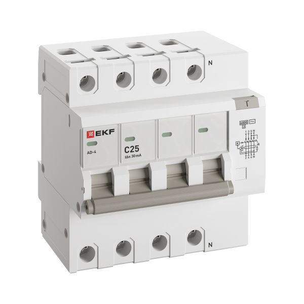 Дифференциальный автомат АД-4 25А/ 30мА (хар. C, AC, электронный, защита 270В) 6кА EKF PROxima (DA4-6-25-30-pro)