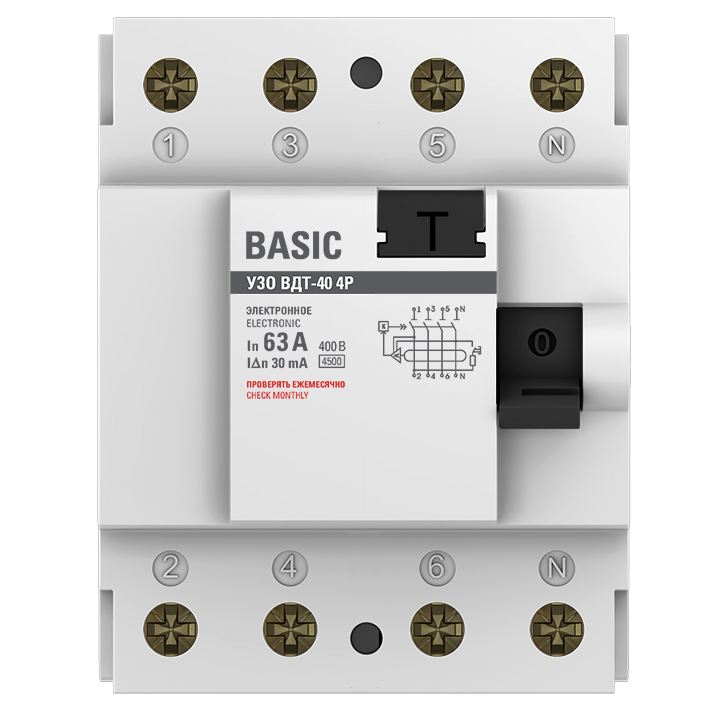 Устройство защитного отключения УЗО ВД-40 4P 63А/30мА электронный Basic (elcb-4-63-30e-sim)