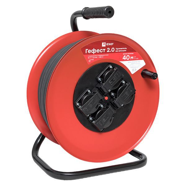 Удлинитель на катушке Гефест 2.0 4 гнезда 40м с заземлением и предохранителем КГ 3*2,5 16А/3,5кВт IP44 PROxima (UKG02-16-R325-4-40-IP44)