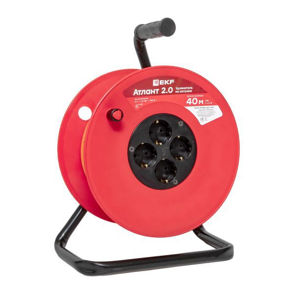 Удлинитель на катушке Атлант 2.0 4 гнезда 40м без заземления ПВС 2x0.75 6А/1.3кВт PROxima (UKA02-06-275-4-40)