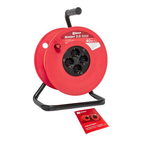 Удлинитель на катушке Атлант 2.0 4 гнезда 40м без заземления ПВС 2x0.75 6А/1.3кВт PROxima (UKA02-06-275-4-40)