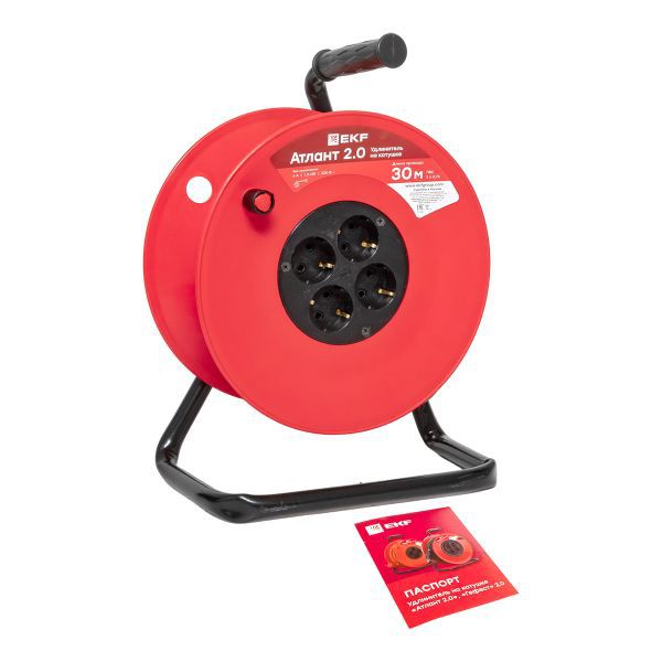 Удлинитель на катушке Атлант 2.0 4 гнезда 30м без заземления ПВС 2x0.75 6А/1.3кВт PROxima (UKA02-06-275-4-30)