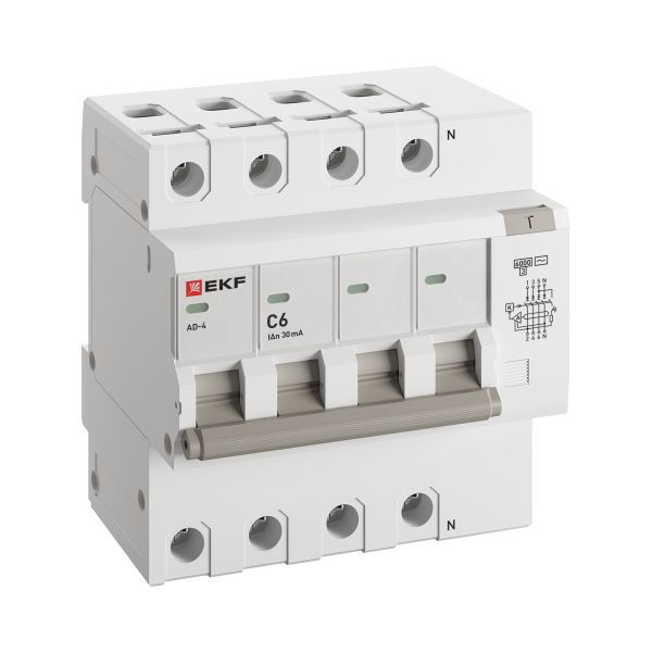 Дифференциальный автомат АД-4 6А/ 30мА (хар. C, AC, электронный, защита 270В) 6кА EKF PROxima (DA4-6-06-30-pro)