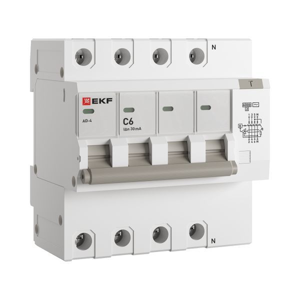 Дифференциальный автомат АД-4 6А/ 30мА (хар. C, AC, электронный, защита 270В) 6кА EKF PROxima (DA4-6-06-30-pro)