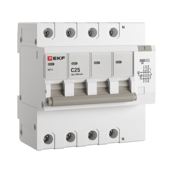 Дифференциальный автомат АД-4 25А/300мА (хар. C, AC, электронный, защита 270В) 6кА EKF PROxima (DA4-6-25-300-pro)