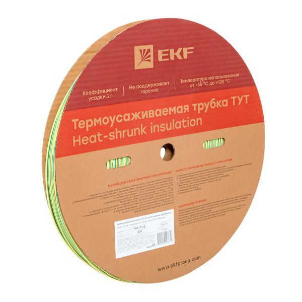 Трубка термоусадочная ТУТ нг 2/1 желт./зел. (уп.200м) EKF tut-2-yg
