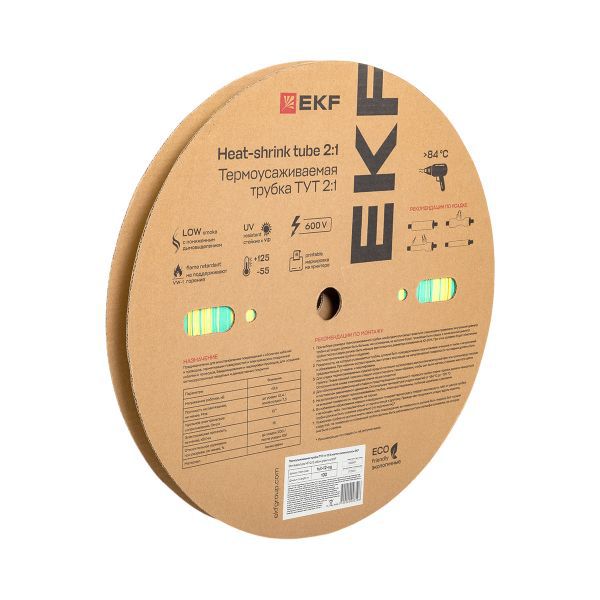 Трубка термоусадочная ТУТ нг 12/6 желт./зел. (уп.100м) EKF tut-12-yg